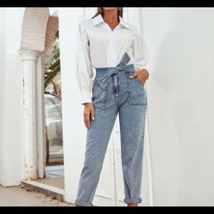Shein high waisted pocket patched tie front mom jeans